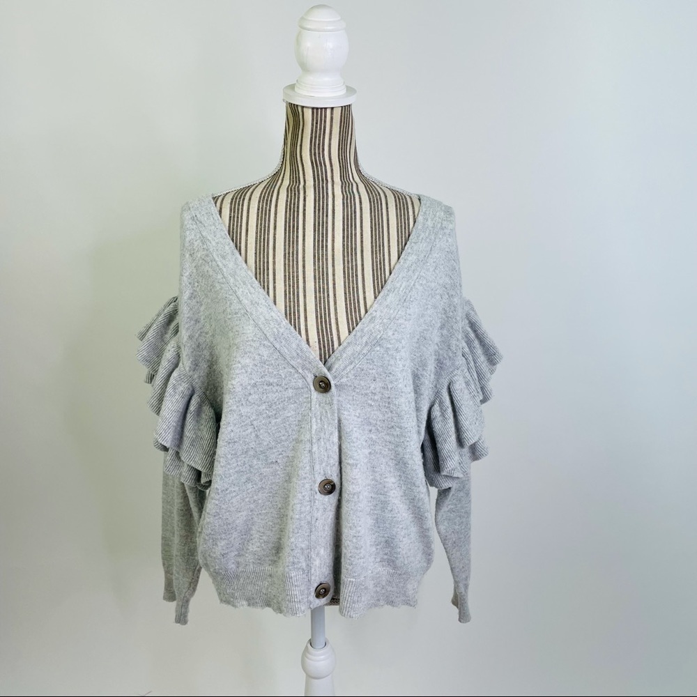 Lumiere Ruffled Tiered VNeck Gray Cardigan Sweater